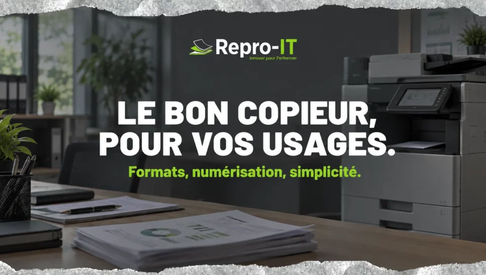 Photocopieur professionnel dans un bureau organisé. « Le bon copieur, pour vos usages ».