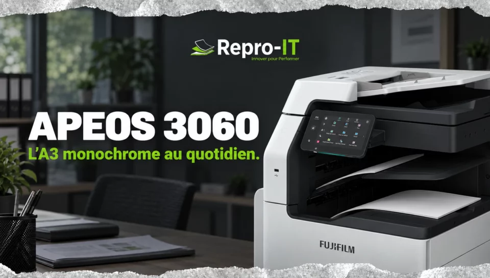 Fujifilm Apeos 3060 : le multifonction A3 monochrome présenté dans une composition Repro-IT.