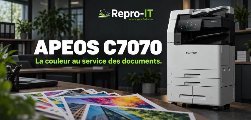 Fujifilm Apeos C7070 accompagné de documents couleur dans une composition Repro-IT.