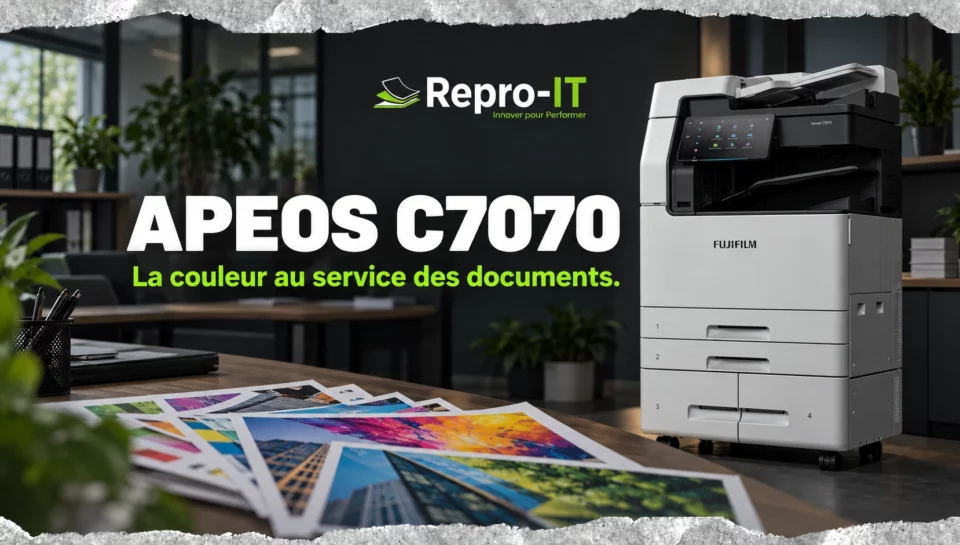Fujifilm Apeos C7070 accompagné de documents couleur dans une composition Repro-IT.