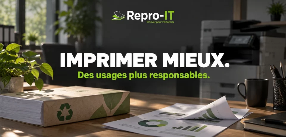 Papier recyclé, plante et documents : illustration d’une impression plus responsable.