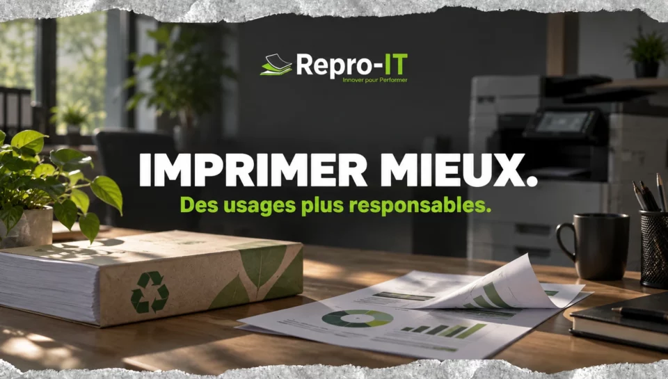 Papier recyclé, plante et documents : illustration d’une impression plus responsable.