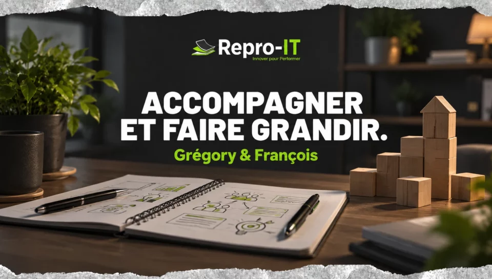 Carnet et construction en bois : illustration de l’accompagnement commercial par Grégory et François.