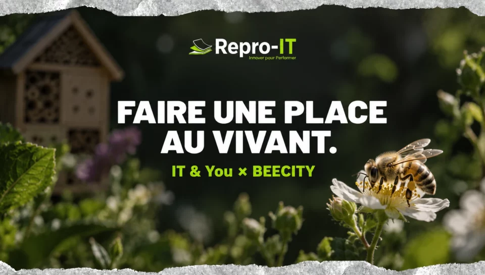 Abeille sur une fleur et hôtel à insectes : illustration des actions biodiversité avec BEECITY.