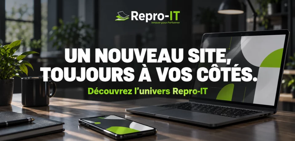 Ordinateur et téléphone aux couleurs Repro-IT : illustration du lancement du nouveau site.