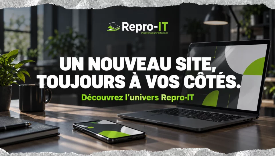 Ordinateur et téléphone aux couleurs Repro-IT : illustration du lancement du nouveau site.