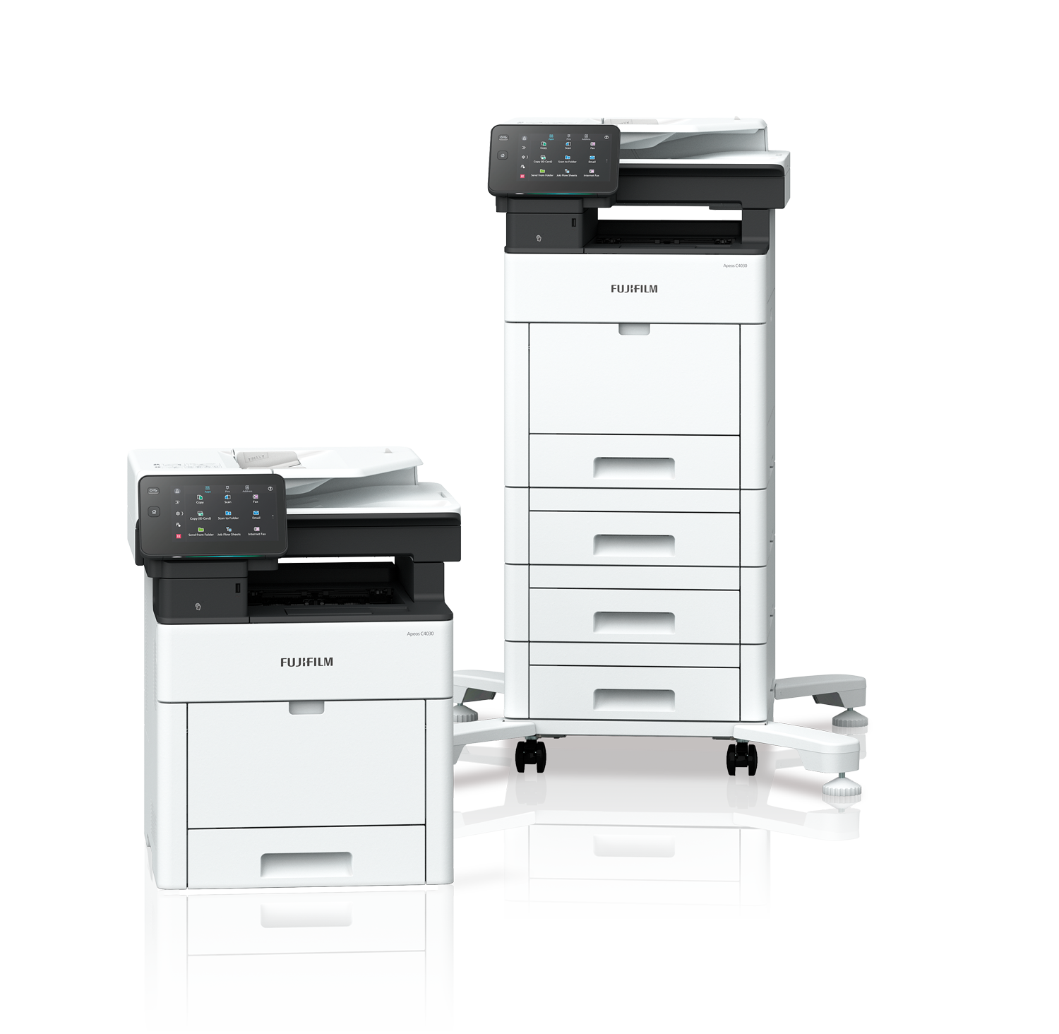 Deux configurations du multifonction Fujifilm Apeos C4030, avec différents ensembles de bacs papier.