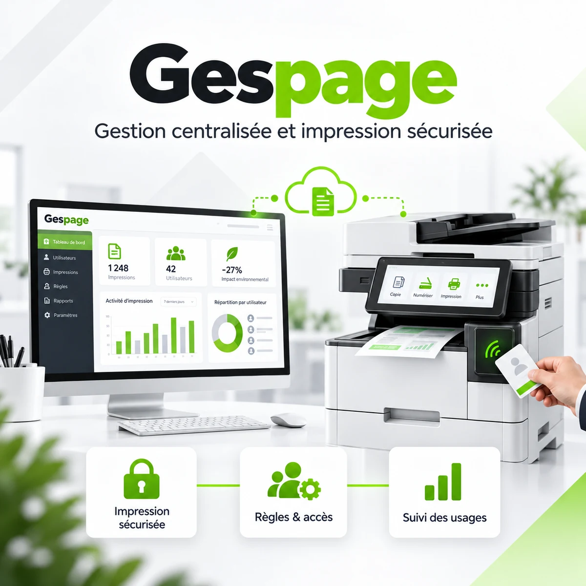Illustration Gespage : authentification par badge, gestion des accès et suivi des usages du parc d’impression.
