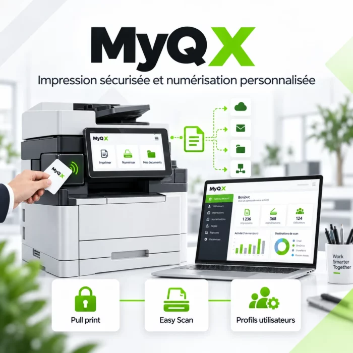 Illustration MyQ X : identification par badge, impression sécurisée et raccourcis de numérisation vers les destinations autorisées.