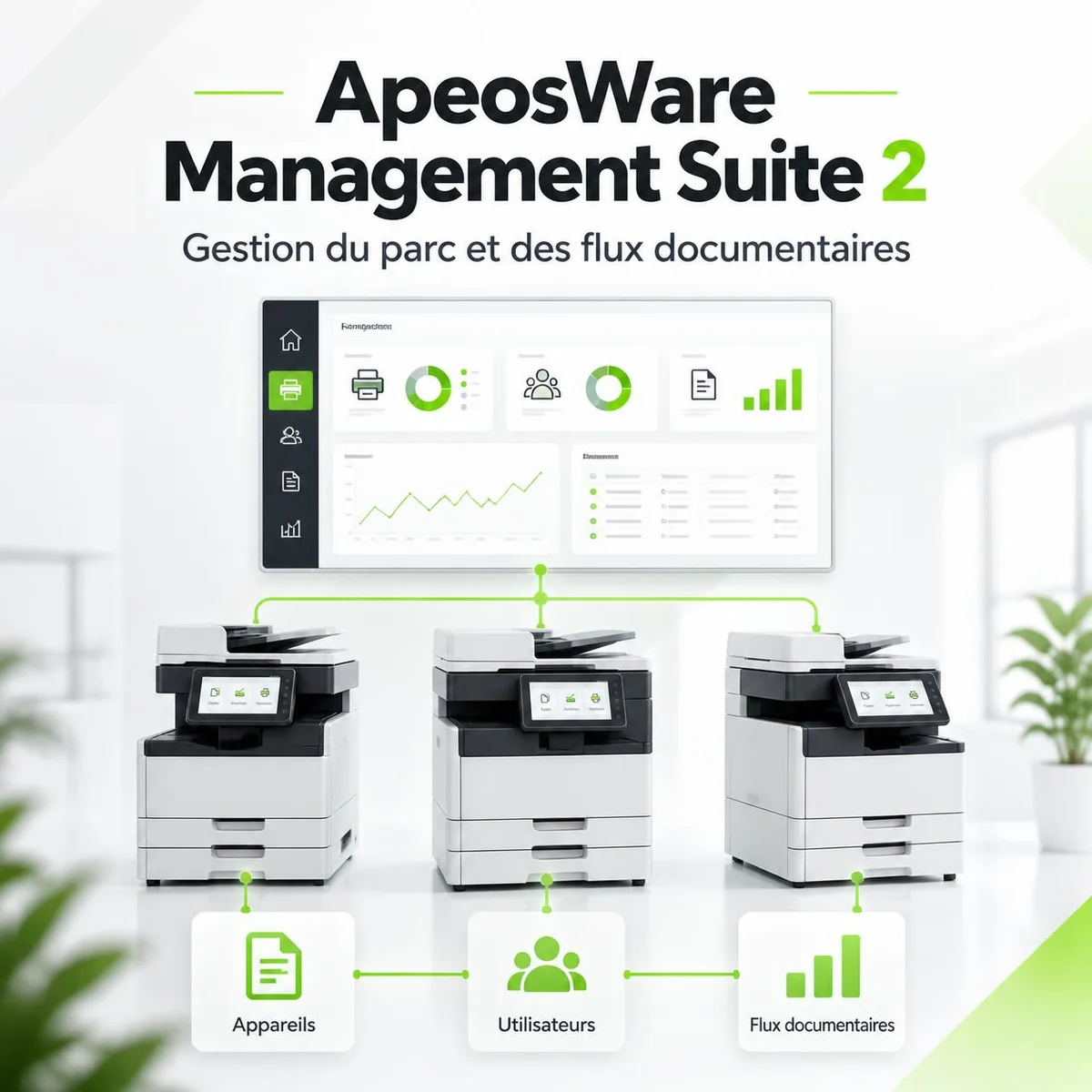 Illustration ApeosWare Management Suite 2 : tableau de gestion reliant appareils, utilisateurs et flux documentaires.