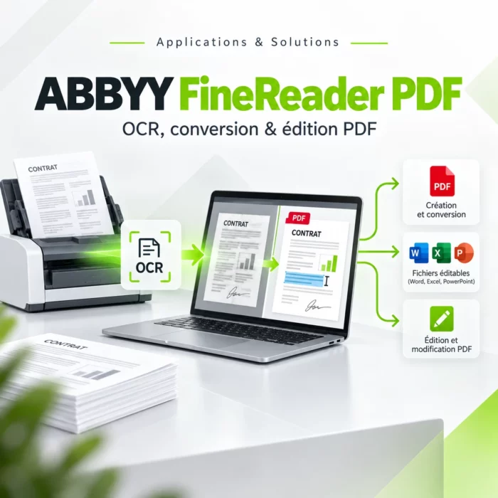 Illustration ABBYY FineReader PDF : reconnaissance de texte, conversion et édition de documents sur ordinateur.