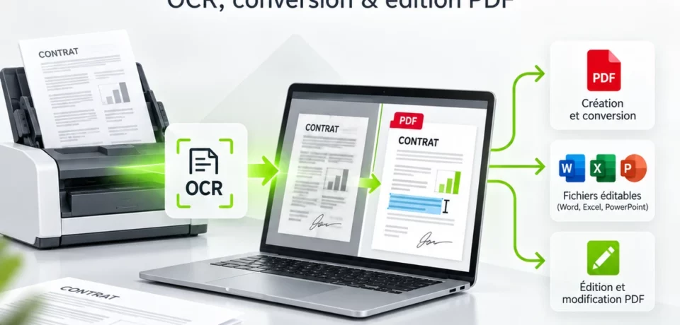 Illustration ABBYY FineReader PDF : reconnaissance de texte, conversion et édition de documents sur ordinateur.