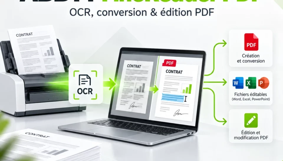 Illustration ABBYY FineReader PDF : reconnaissance de texte, conversion et édition de documents sur ordinateur.