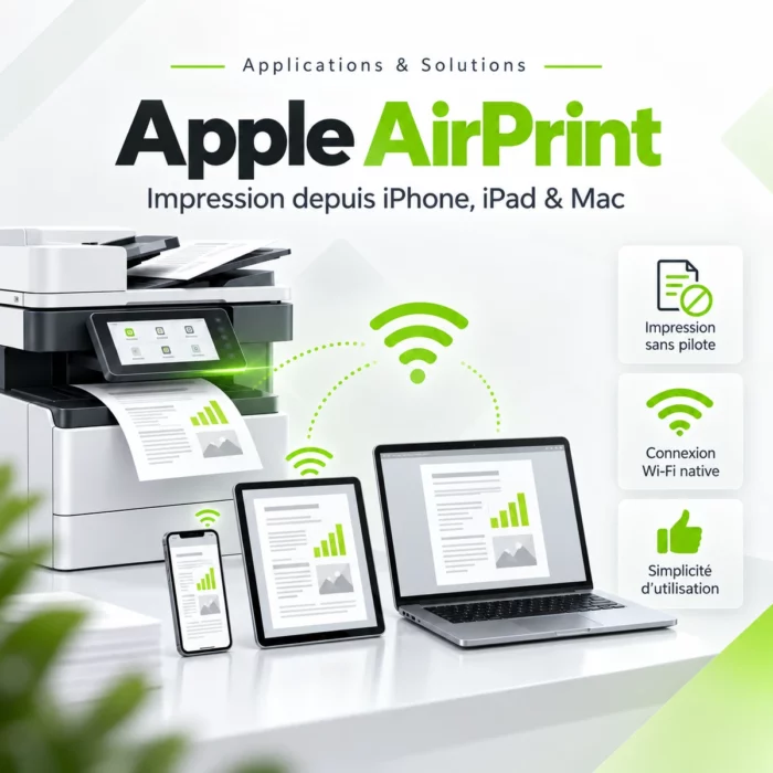 Illustration Apple AirPrint : un iPhone, un iPad et un ordinateur Mac reliés à une imprimante par le réseau.