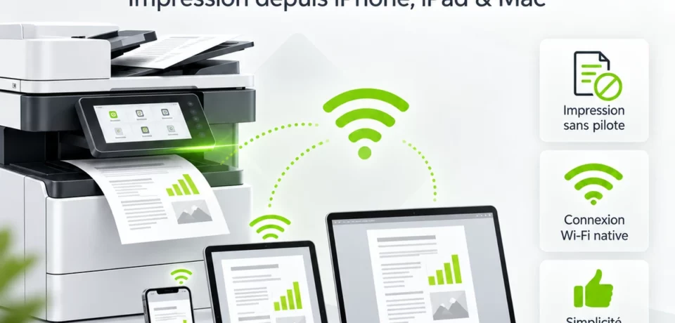 Illustration Apple AirPrint : un iPhone, un iPad et un ordinateur Mac reliés à une imprimante par le réseau.
