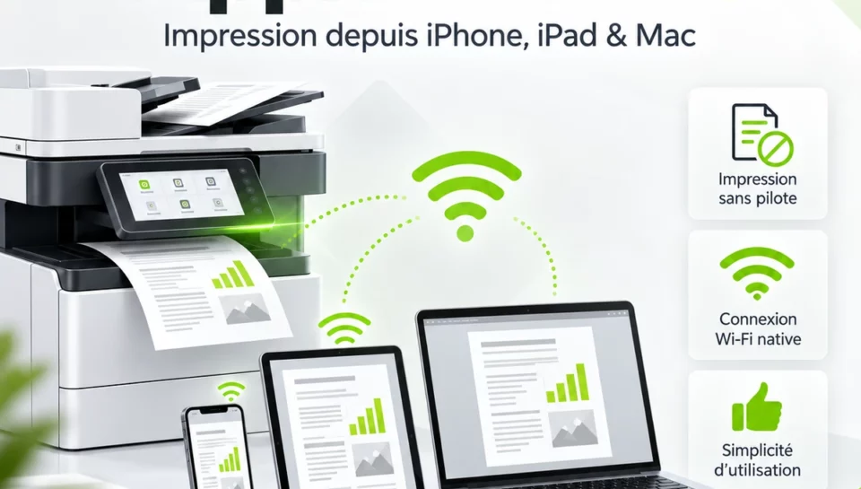 Illustration Apple AirPrint : un iPhone, un iPad et un ordinateur Mac reliés à une imprimante par le réseau.