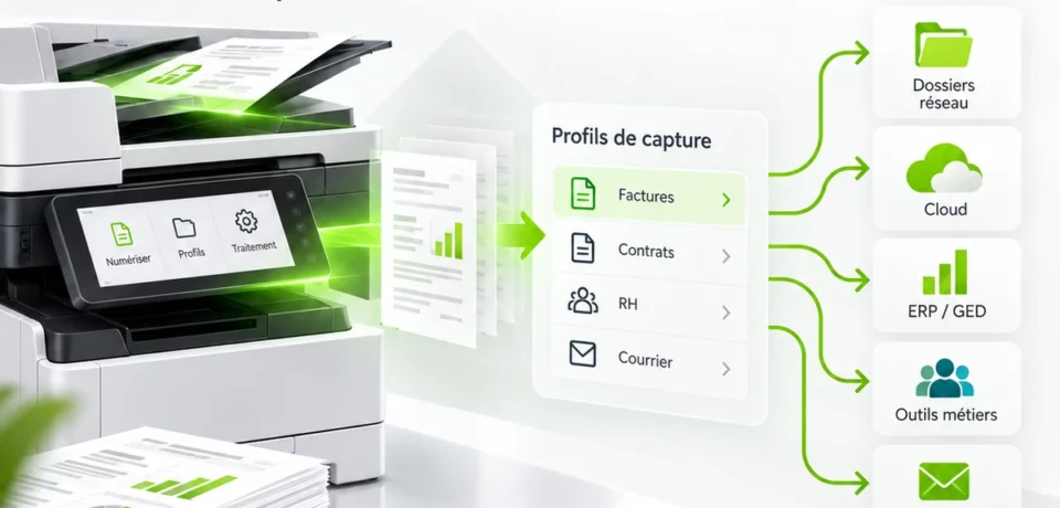 Illustration Document Capture Suite : capture, traitement et distribution de documents depuis des profils de numérisation.
