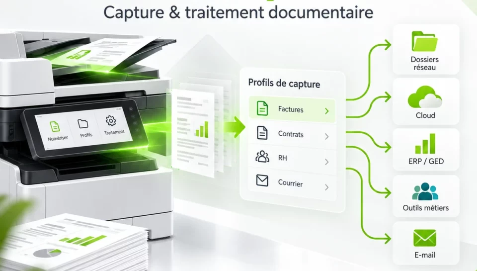 Illustration Document Capture Suite : capture, traitement et distribution de documents depuis des profils de numérisation.