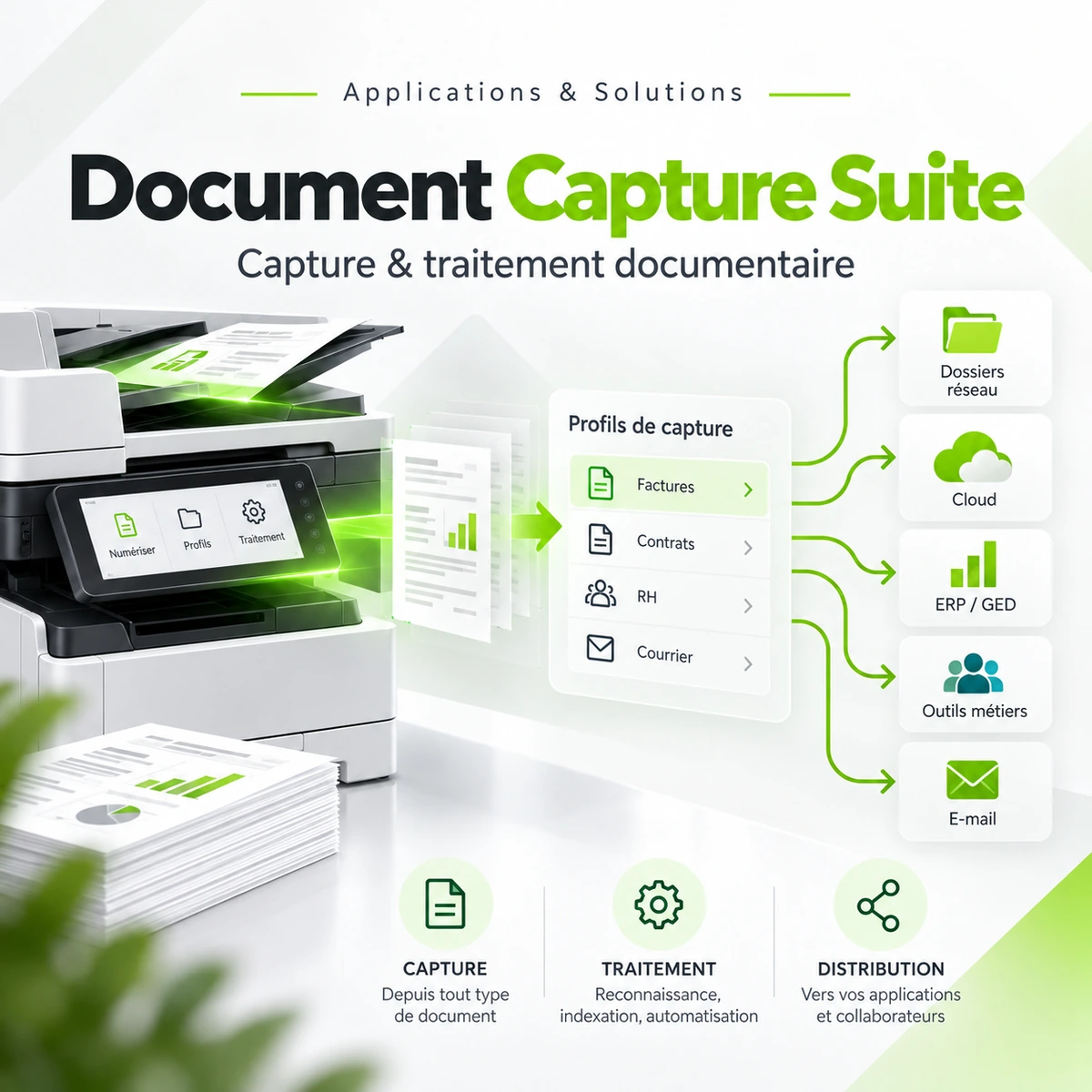 Illustration Document Capture Suite : capture, traitement et distribution de documents depuis des profils de numérisation.