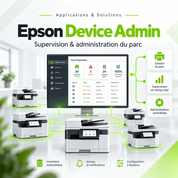 Illustration Epson Device Admin : tableau de bord relié à plusieurs imprimantes pour visualiser le parc et ses états.