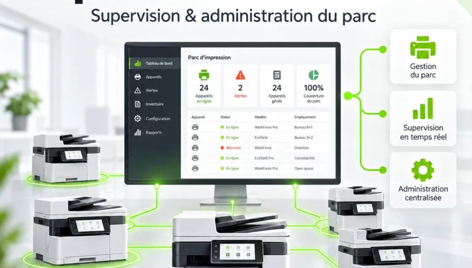 Illustration Epson Device Admin : tableau de bord relié à plusieurs imprimantes pour visualiser le parc et ses états.