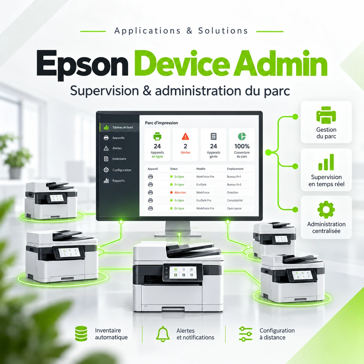 Illustration Epson Device Admin : tableau de bord relié à plusieurs imprimantes pour visualiser le parc et ses états.