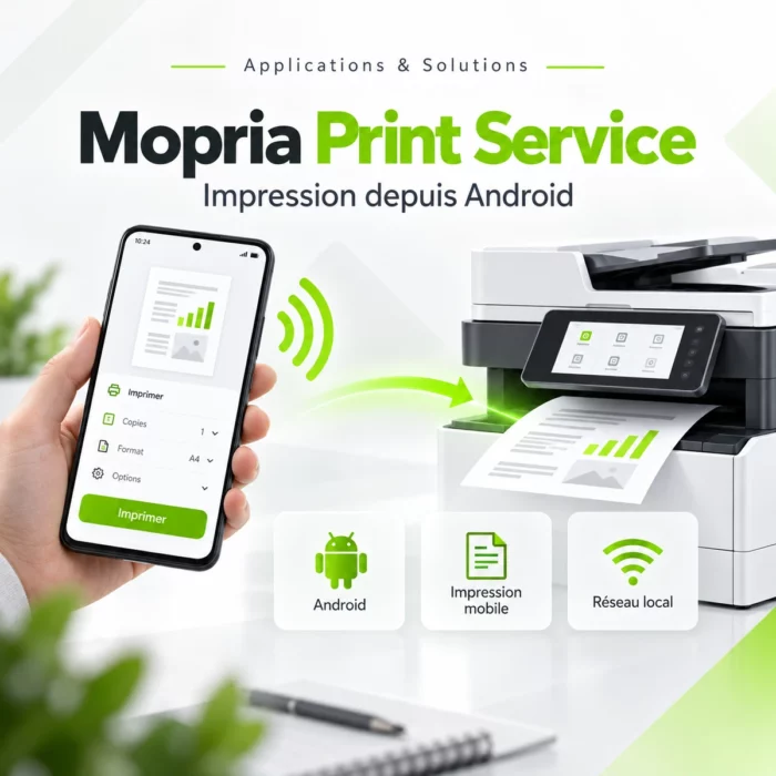 Illustration Mopria Print Service : envoi d’un document depuis un smartphone Android vers une imprimante réseau.