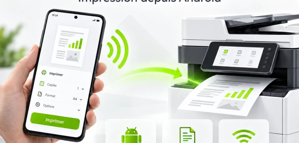 Illustration Mopria Print Service : envoi d’un document depuis un smartphone Android vers une imprimante réseau.