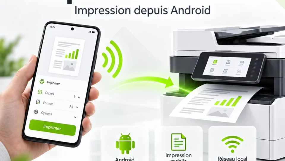 Illustration Mopria Print Service : envoi d’un document depuis un smartphone Android vers une imprimante réseau.