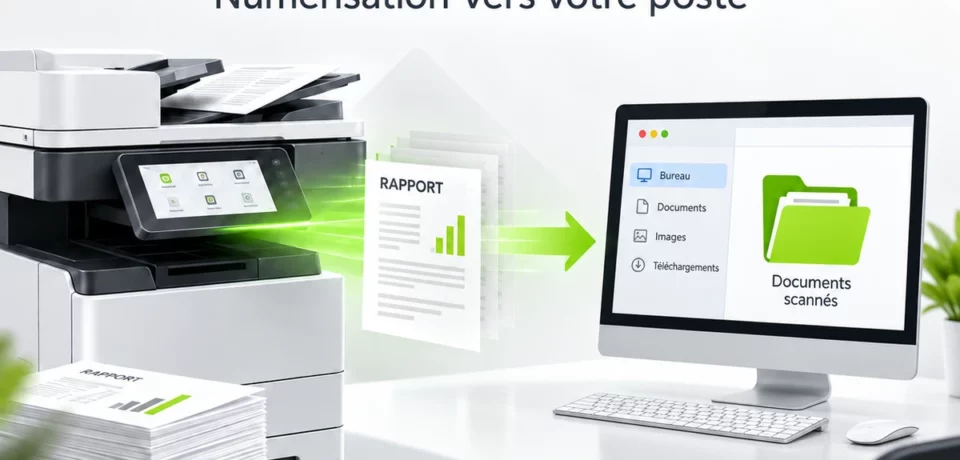 Illustration PinPoint Scan : transfert d’un document numérisé depuis un multifonction vers un ordinateur.