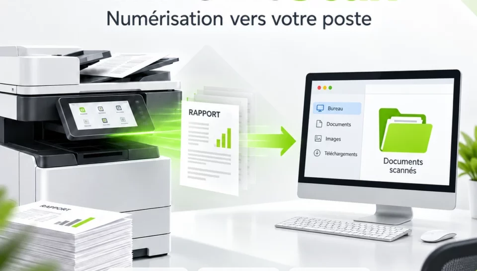 Illustration PinPoint Scan : transfert d’un document numérisé depuis un multifonction vers un ordinateur.