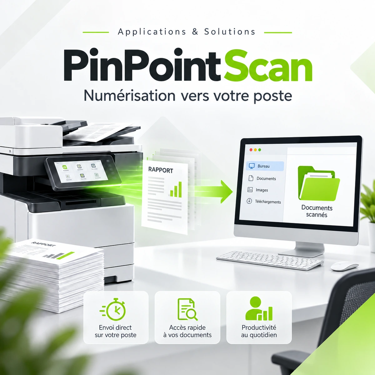 Illustration PinPoint Scan : transfert d’un document numérisé depuis un multifonction vers un ordinateur.