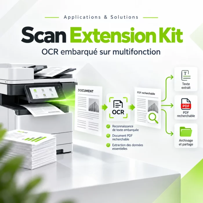 Illustration Scan Extension Kit : reconnaissance de texte et création d’un PDF recherchable depuis un multifonction.