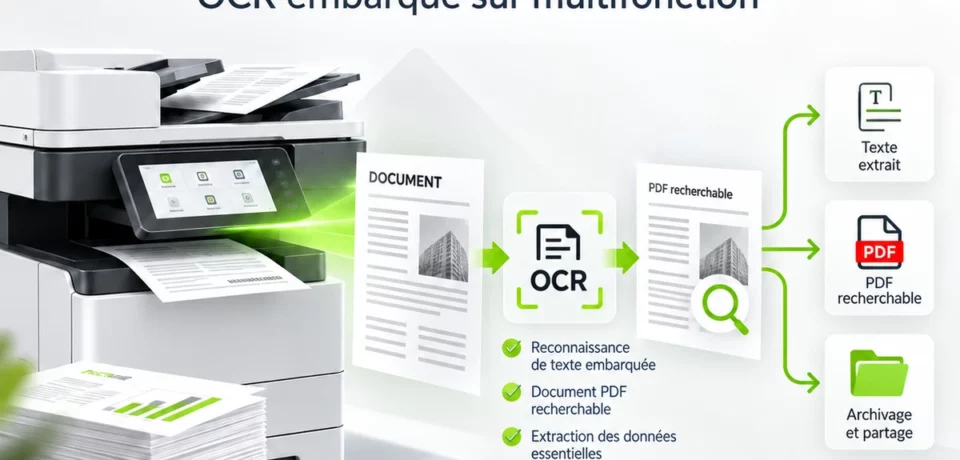 Illustration Scan Extension Kit : reconnaissance de texte et création d’un PDF recherchable depuis un multifonction.