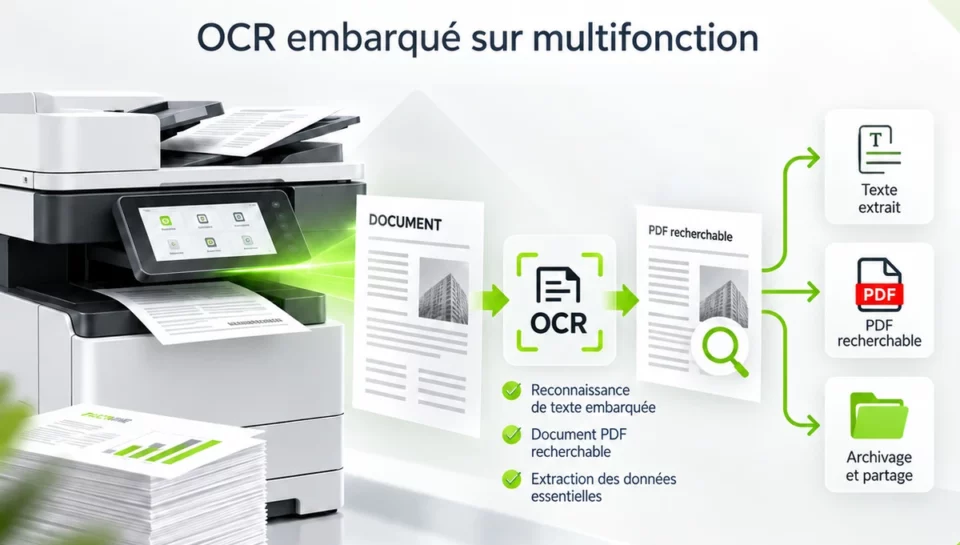 Illustration Scan Extension Kit : reconnaissance de texte et création d’un PDF recherchable depuis un multifonction.