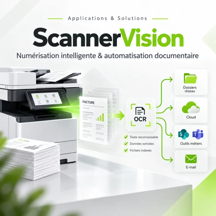 Illustration ScannerVision : numérisation, reconnaissance de texte et orientation des documents vers leurs destinations.