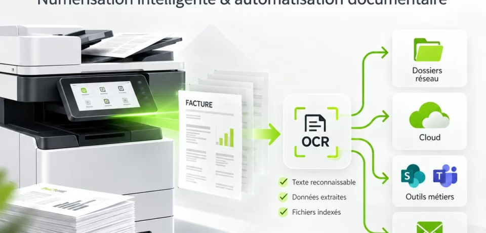 Illustration ScannerVision : numérisation, reconnaissance de texte et orientation des documents vers leurs destinations.