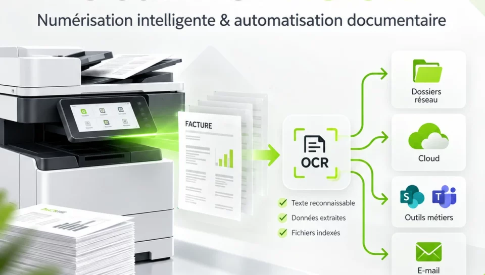 Illustration ScannerVision : numérisation, reconnaissance de texte et orientation des documents vers leurs destinations.