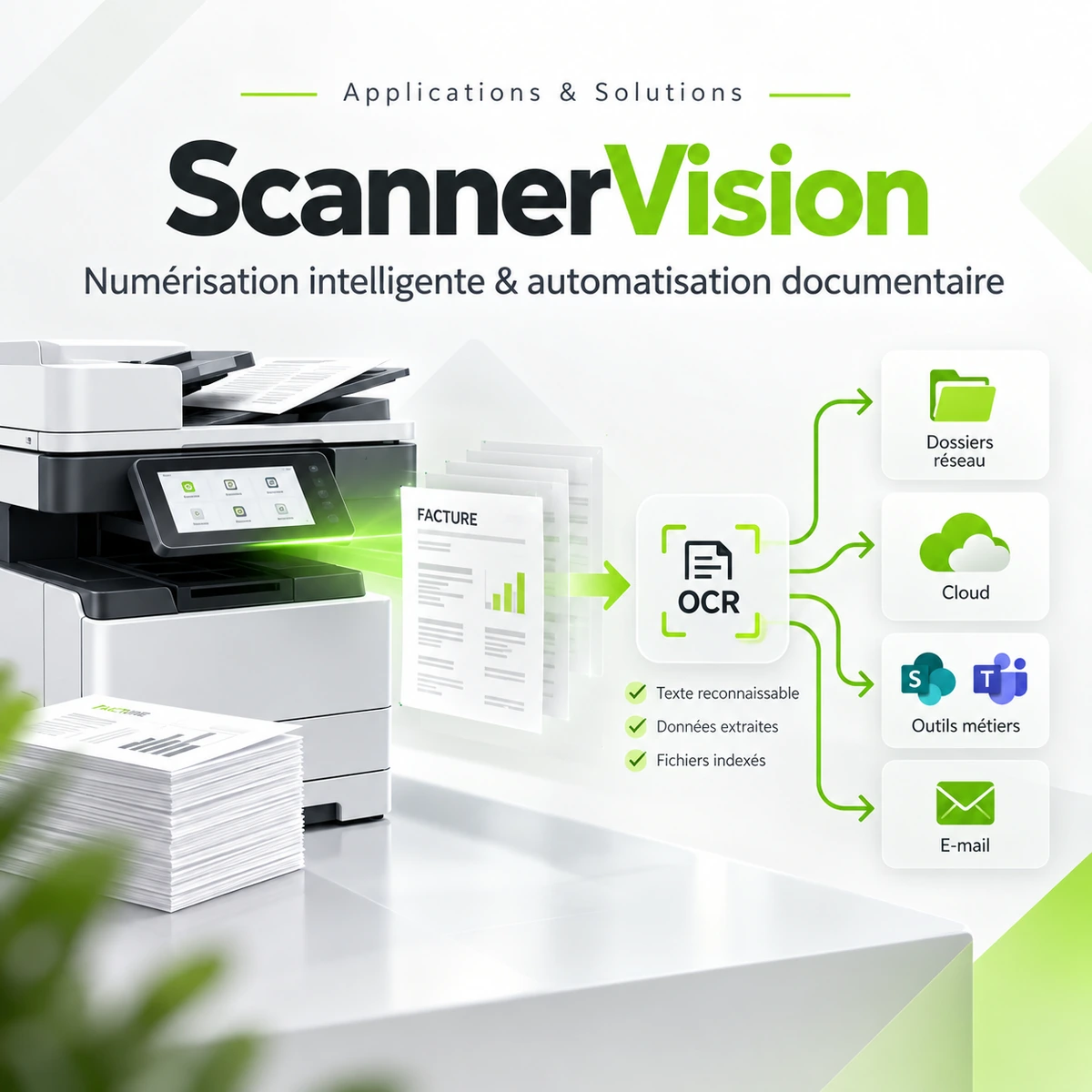 Illustration ScannerVision : numérisation, reconnaissance de texte et orientation des documents vers leurs destinations.
