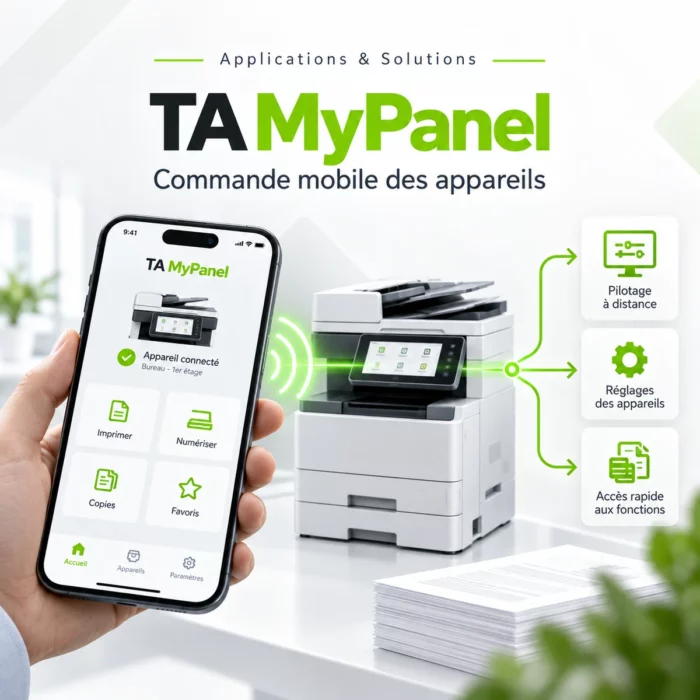 Illustration TA MyPanel : un smartphone commande les fonctions d’un multifonction connecté.