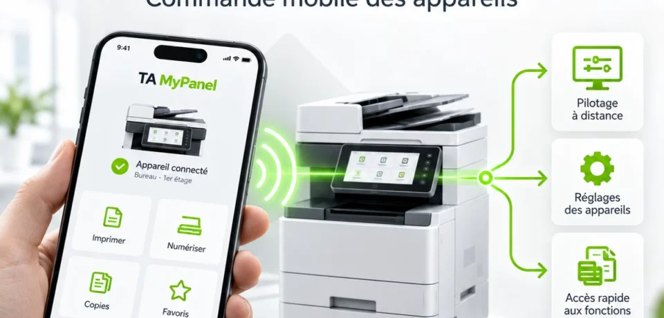 Illustration TA MyPanel : un smartphone commande les fonctions d’un multifonction connecté.