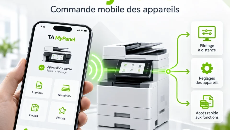 Illustration TA MyPanel : un smartphone commande les fonctions d’un multifonction connecté.