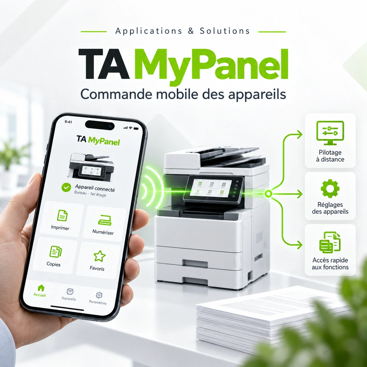 Illustration TA MyPanel : un smartphone commande les fonctions d’un multifonction connecté.