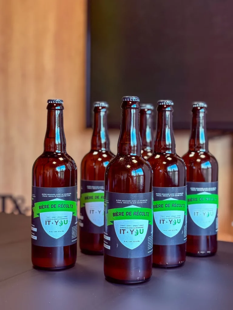 Bouteilles de bière de récolte IT & You, brassée avec le houblon récolté sur le site