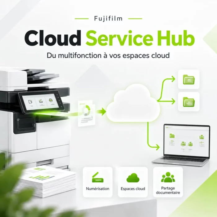 Illustration Cloud Service Hub : un document numérisé rejoint des dossiers partagés et un espace cloud.