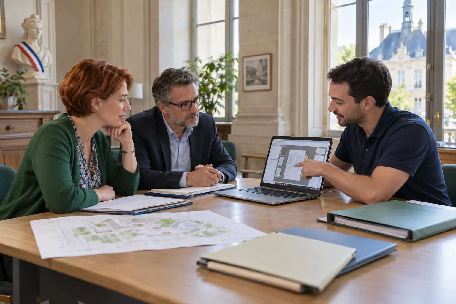 Une réunion de travail consacrée aux documents et aux impressions d’une collectivité.
