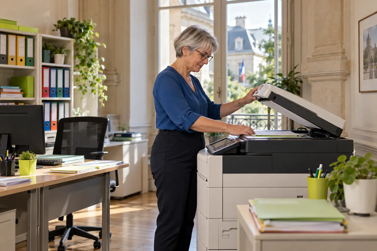 Une agente municipale numérise des documents dans un service administratif.