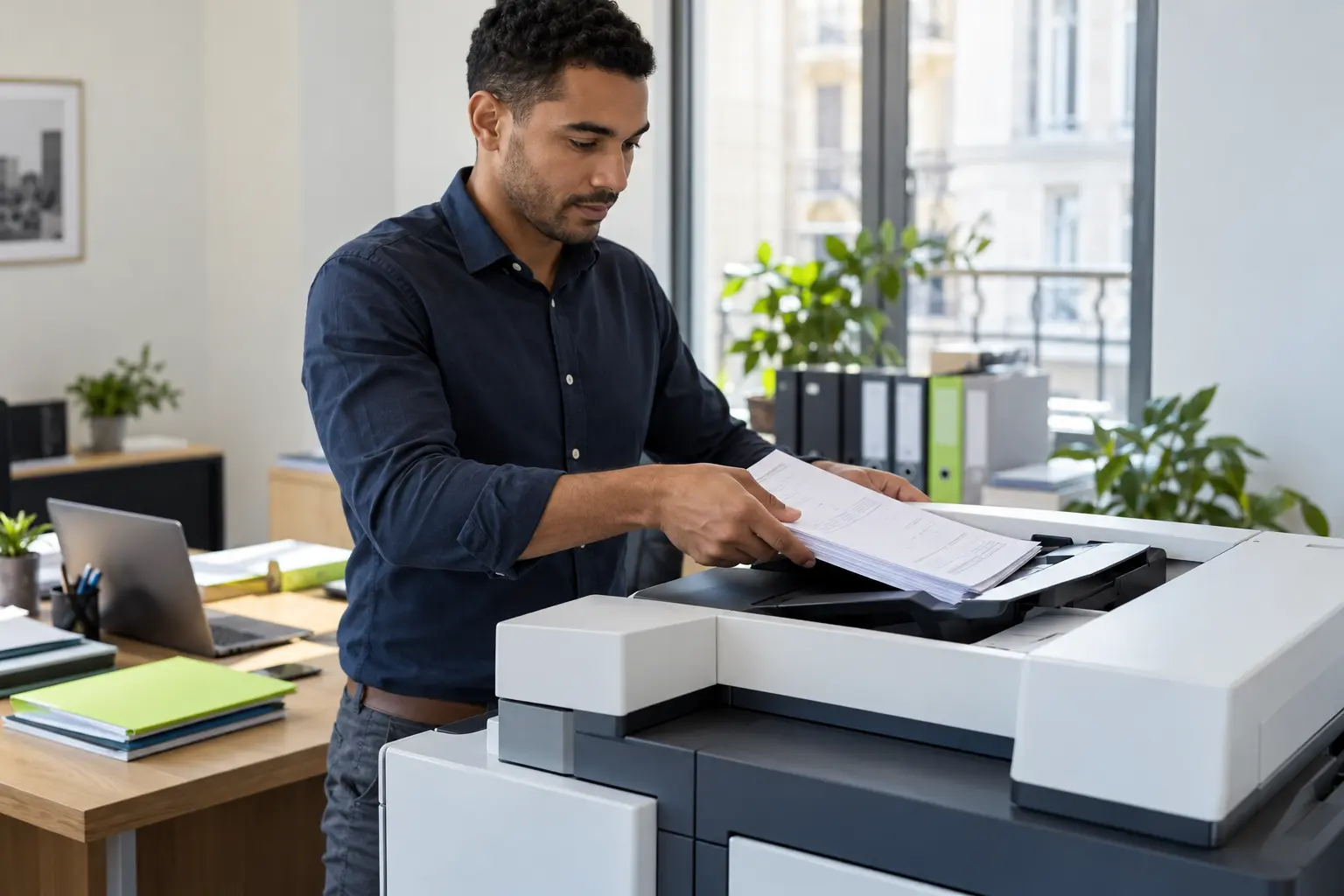 Un collaborateur de cabinet comptable numérise des factures avec un multifonction.