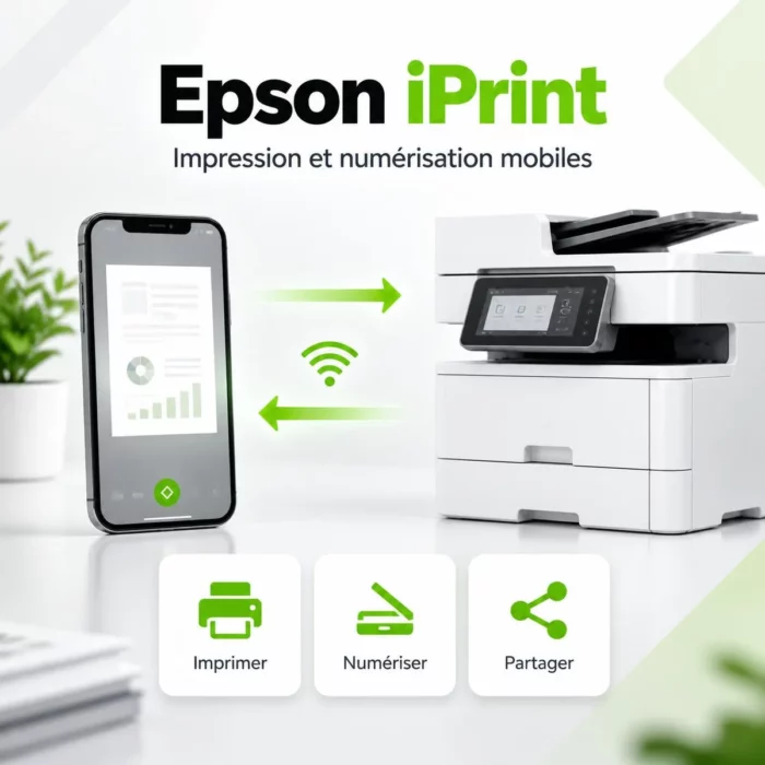 Illustration Epson iPrint : échanges de documents entre un smartphone et un multifonction pour imprimer et numériser.