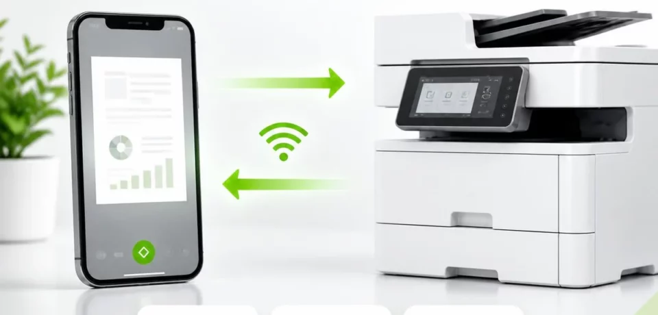 Illustration Epson iPrint : échanges de documents entre un smartphone et un multifonction pour imprimer et numériser.